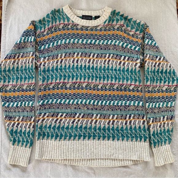 Men’s Vintage Sweater Graphix Aztec Western Crew Neck 100% cotton Sz Large - Picture 3 of 7